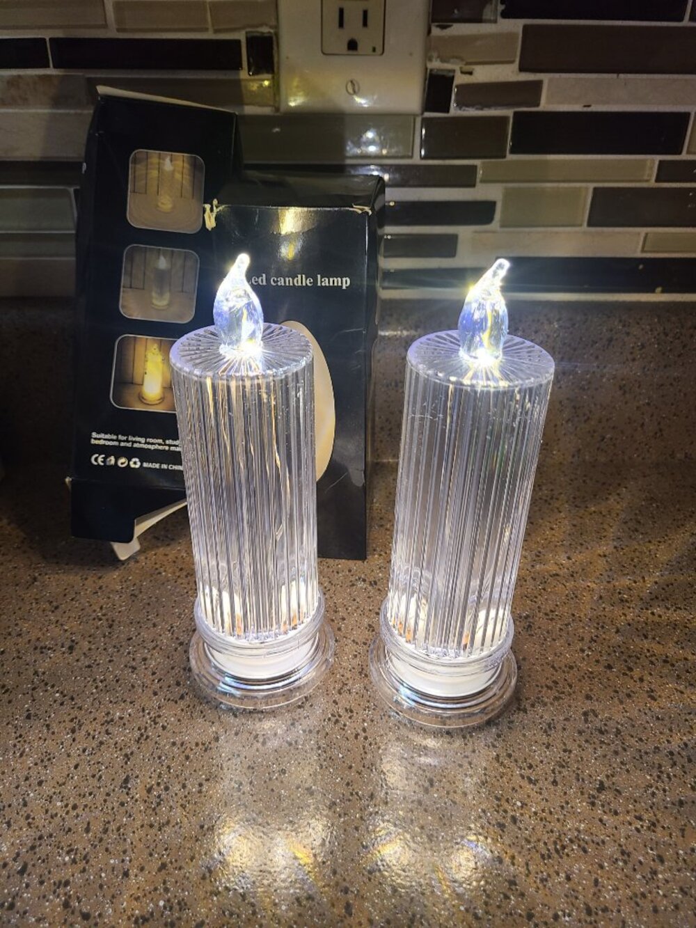 Set of 2 LED Candle Lamps Candlestick Battery Operated 7 inch NEW Clear